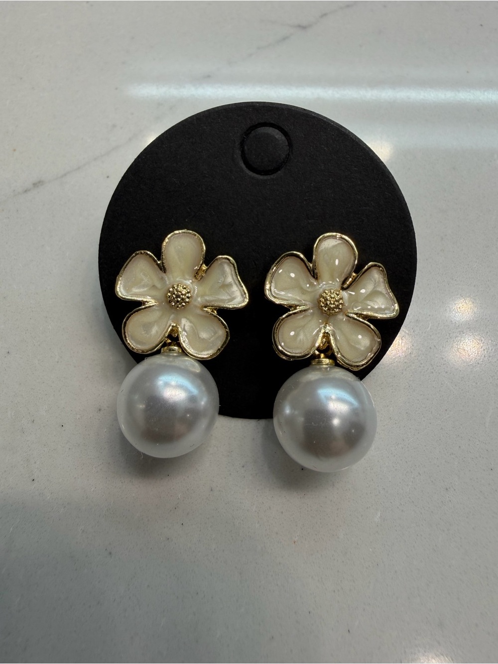 Gold-Tone Cream Flower Earrings with Pearl Drops
